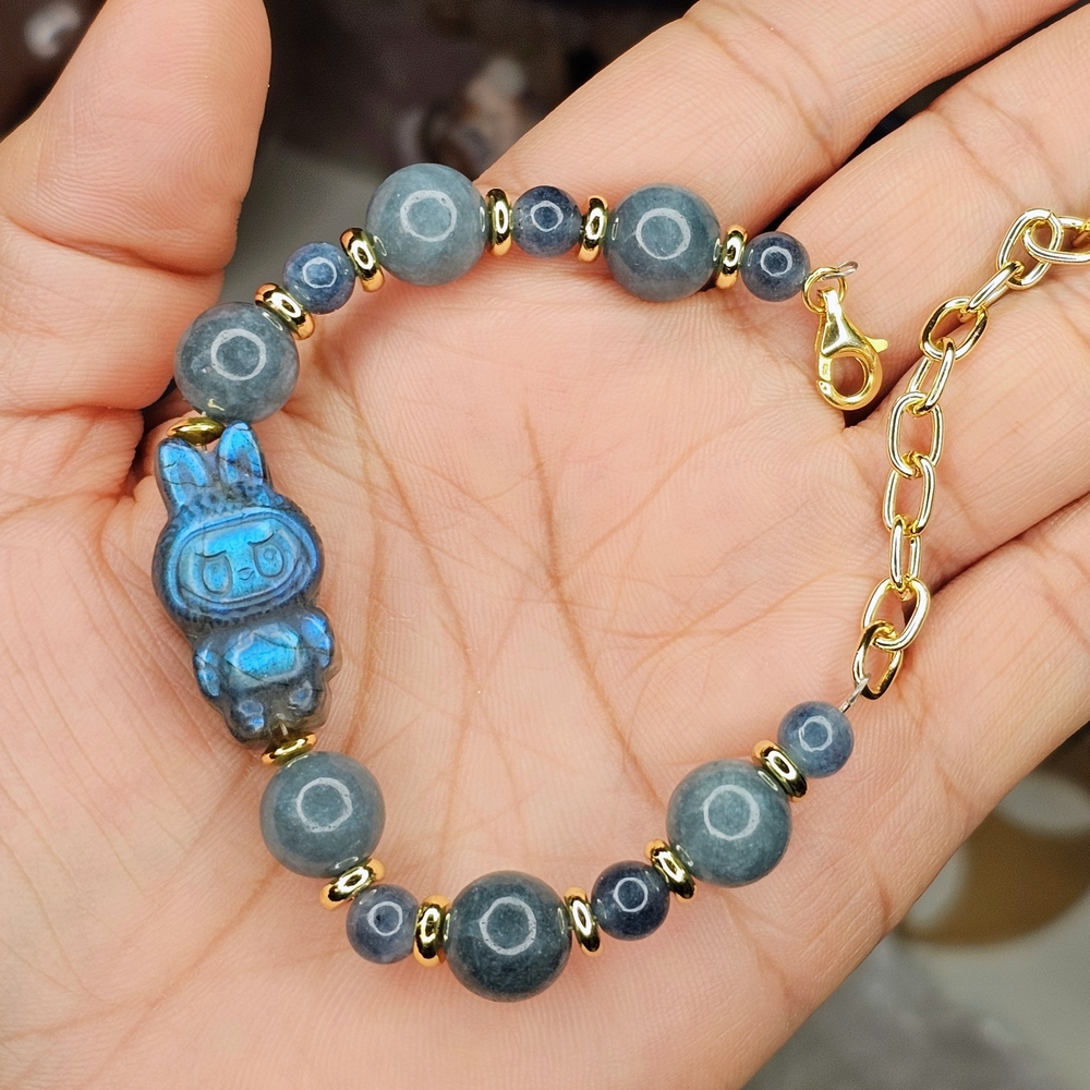NEW Labradorite LABUBU Charm And Burma JADE with Gold Hardware Bracelet
